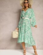 rosa Rochie Verde Florală cu Croi Cloș și Decolteu în V Nerpia