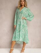 rosa Rochie Verde Florală cu Croi Cloș și Decolteu în V Nerpia
