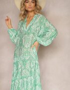 rosa Rochie Verde Florală cu Croi Cloș și Decolteu în V Nerpia