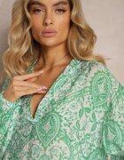 rosa Rochie Verde Florală cu Croi Cloș și Decolteu în V Nerpia