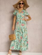 rosa Rochie Verde Florală Evazată Maxi din Viscoză cu Volan Acatie