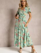 rosa Rochie Verde Florală Evazată Maxi din Viscoză cu Volan Acatie