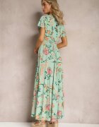rosa Rochie Verde Florală Evazată Maxi din Viscoză cu Volan Acatie