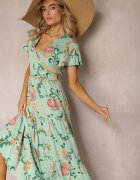 rosa Rochie Verde Florală Evazată Maxi din Viscoză cu Volan Acatie