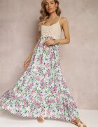 rosa Rochie Verde Florală Maxi cu Bluză Croșetată și Bretele Subțiri din Vâscoză Zanidora