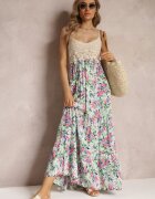 rosa Rochie Verde Florală Maxi cu Bluză Croșetată și Bretele Subțiri din Vâscoză Zanidora