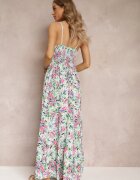 rosa Rochie Verde Florală Maxi cu Bluză Croșetată și Bretele Subțiri din Vâscoză Zanidora