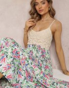rosa Rochie Verde Florală Maxi cu Bluză Croșetată și Bretele Subțiri din Vâscoză Zanidora