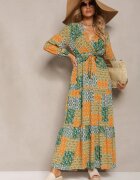 rosa Rochie Verde-Galbenă din Viscoză cu Elastic în Talie și Curea din Material cu Decolteu Triunghiular Nelarae