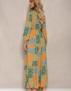 rosa Rochie Verde-Galbenă din Viscoză cu Elastic în Talie și Curea din Material cu Decolteu Triunghiular Nelarae