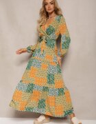 rosa Rochie Verde-Galbenă din Viscoză cu Elastic în Talie și Curea din Material cu Decolteu Triunghiular Nelarae