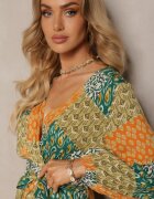 rosa Rochie Verde-Galbenă din Viscoză cu Elastic în Talie și Curea din Material cu Decolteu Triunghiular Nelarae