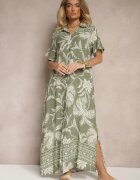 rosa Rochie Verde închis cu croială de cămașă florală din viscoză Erathia
