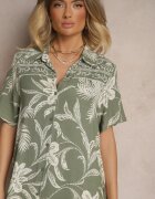 rosa Rochie Verde închis cu croială de cămașă florală din viscoză Erathia