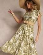rosa Rochie verde închis evazată cu viscoză decorată cu imprimeu vegetal Galmoi