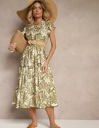 rosa Rochie verde închis evazată cu viscoză decorată cu imprimeu vegetal Galmoi