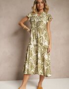 rosa Rochie verde închis evazată cu viscoză decorată cu imprimeu vegetal Galmoi