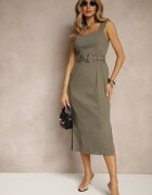 rosa Rochie Verde închisă din Vâscoză cu Croială Mulată cu Curea cu Cataramă și Slituri Mepona