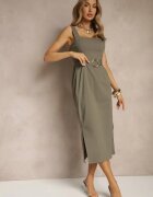 rosa Rochie Verde închisă din Vâscoză cu Croială Mulată cu Curea cu Cataramă și Slituri Mepona