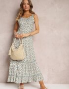 rosa Rochie Verde Maxi cu Bretele Legate și Volan la Poale Krosby