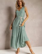 rosa Rochie Verde Maxi cu Fason Cloș cu Șnur Decorativ și Decolteu Triunghiular Zornitsa