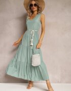 rosa Rochie Verde Maxi cu Fason Cloș cu Șnur Decorativ și Decolteu Triunghiular Zornitsa