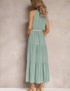 rosa Rochie Verde Maxi cu Fason Cloș cu Șnur Decorativ și Decolteu Triunghiular Zornitsa