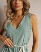 rosa Rochie Verde Maxi cu Fason Cloș cu Șnur Decorativ și Decolteu Triunghiular Zornitsa