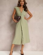 rosa Rochie Verde Midi cu croială evazată cu nod decorativ și crăpătură Zanondia