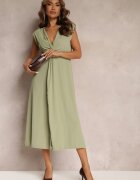 rosa Rochie Verde Midi cu croială evazată cu nod decorativ și crăpătură Zanondia