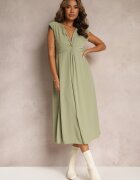 rosa Rochie Verde Midi cu croială evazată cu nod decorativ și crăpătură Zanondia