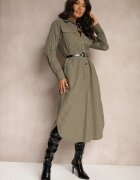 rosa Rochie Verde tip cămașă decorată cu nasturi imitație de buzunare și curea Tintorella