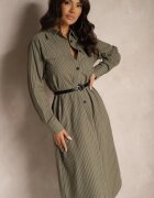 rosa Rochie Verde tip cămașă decorată cu nasturi imitație de buzunare și curea Tintorella