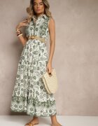 rosa Rochie Verde Tip Cămașă Fără Mâneci din Bumbac cu Centură cu Cataramă Mirasitia