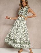 rosa Rochie Verde Tip Cămașă Fără Mâneci din Bumbac cu Centură cu Cataramă Mirasitia