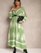 rosa Rochie Verde Tip plic din Viscoză cu Model Etnic cu Elastic și Curea în Talie Tifissa