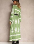 rosa Rochie Verde Tip plic din Viscoză cu Model Etnic cu Elastic și Curea în Talie Tifissa