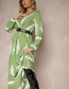 rosa Rochie Verde Tip plic din Viscoză cu Model Etnic cu Elastic și Curea în Talie Tifissa