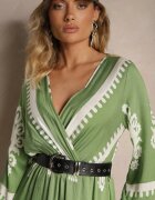 rosa Rochie Verde Tip plic din Viscoză cu Model Etnic cu Elastic și Curea în Talie Tifissa