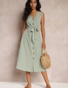 rosa Rochie Verde Trapez Midi fără mâneci cu cordon legat Ajana