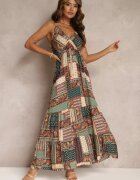 rosa Rochie Verde Viscoză Croială Petrecută cu Imprimeu Patchwork Grehan