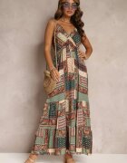 rosa Rochie Verde Viscoză Croială Petrecută cu Imprimeu Patchwork Grehan