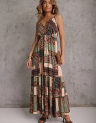 rosa Rochie Verde Viscoză Croială Petrecută cu Imprimeu Patchwork Grehan