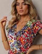 rosa Roșu-Albastru cu Mânecă Scurtă din Viscoză cu Elastic în Talie cu Cordon din Material și Dimonte