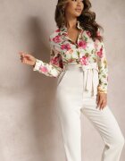 rosa Salopetă Bej deschis Elegantă cu top tip cămașă cu imprimeu floral Legată în talie Klerovia