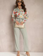 rosa Salopetă Elegantă Verde cu bust tip cămașă floral cu legătură în talie Klerovia