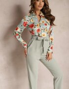 rosa Salopetă Elegantă Verde cu bust tip cămașă floral cu legătură în talie Klerovia