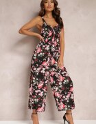 rosa Salopetă Neagră cu Pantaloni Largi și Legătură la Decolteu Gloryhallo