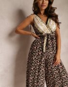 rosa Salopetă Neagră din Viscoză Decorată cu Imprimeu Floral și cu Șnururi la Umeri Taglieri