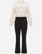 rosa Salopetă Negru-Bej cu Bluză Tip Cămașă Ornată cu Șnur și Nasturi Eleganți Eliti